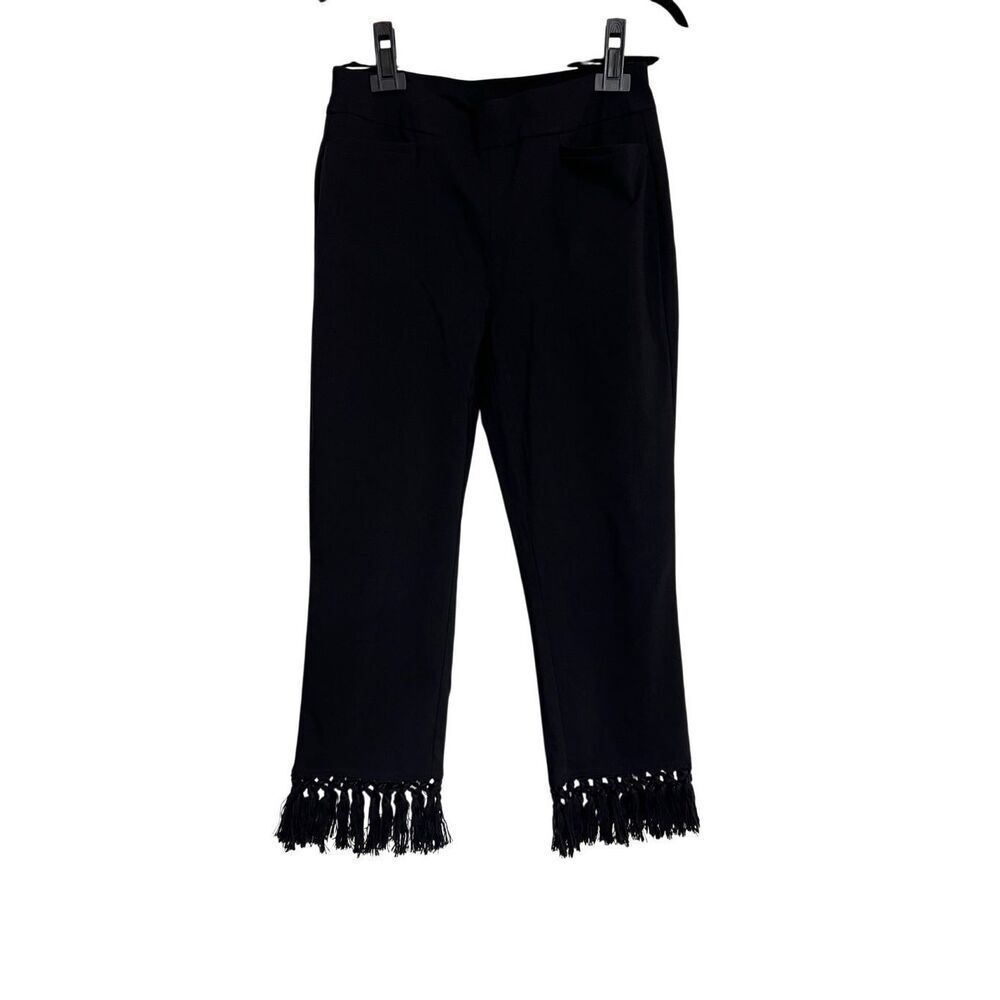 Chico's Pants Womens Size 0 4 Black Crop Brigitte Fringe Tassel Hem Slim Pull On